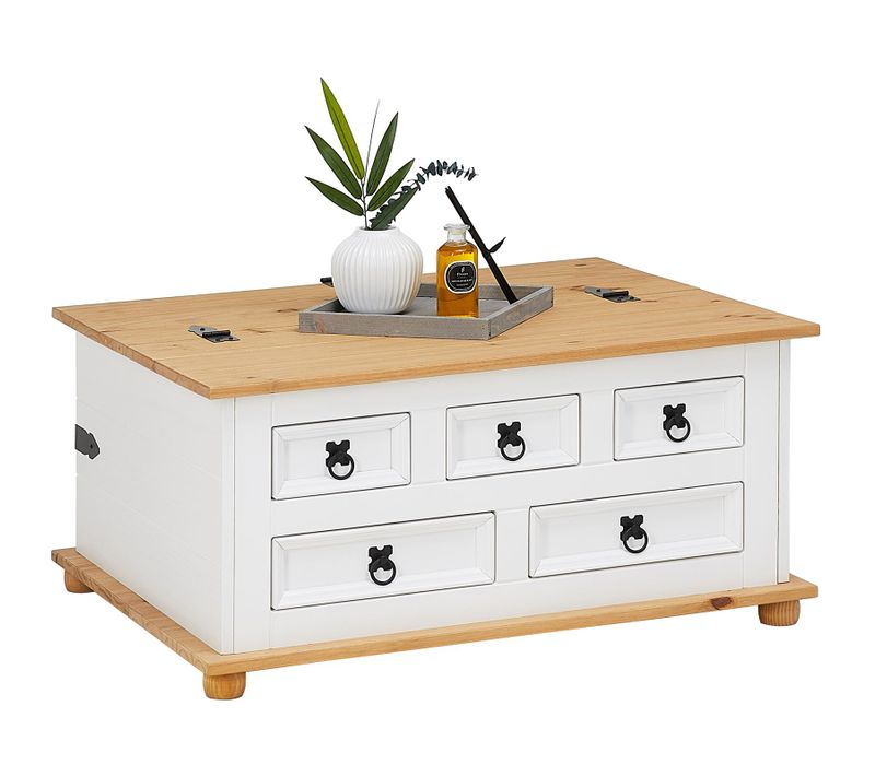Table Basse Coffre En Pin Tequila Style Mexicain, Avec 5 Tiroirs, Lasuré Blanc Et Brun