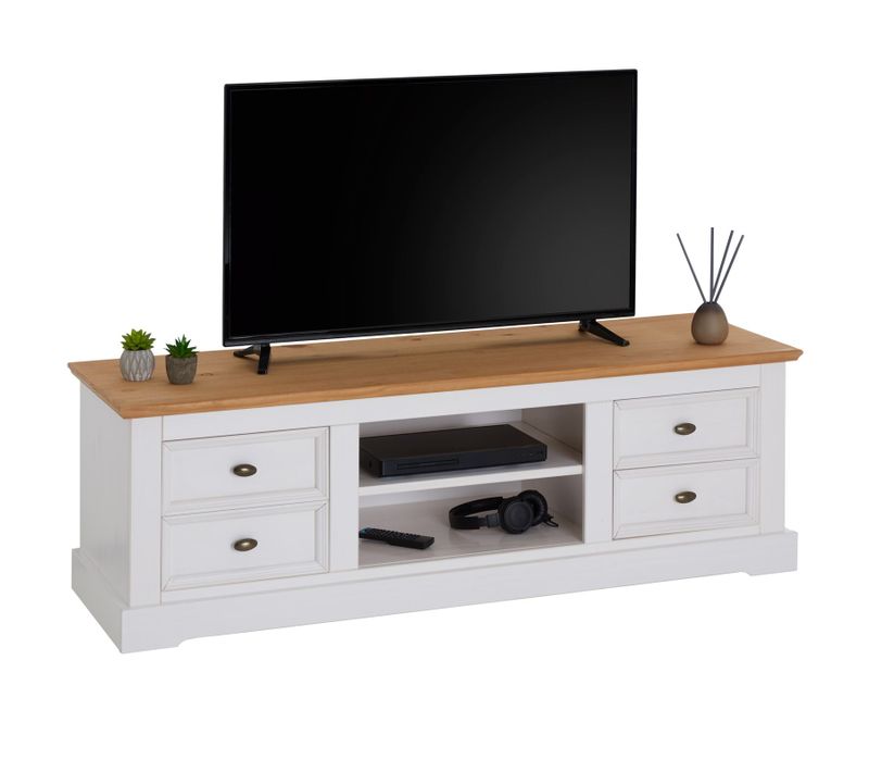 Meuble TV Kent En Pin Massif, Lasuré Blanc Et Brun