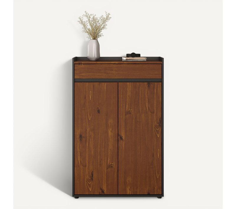 Meuble à Chaussures Tilo Avec 2 Portes En Bois - Noir Et Châtaignier
