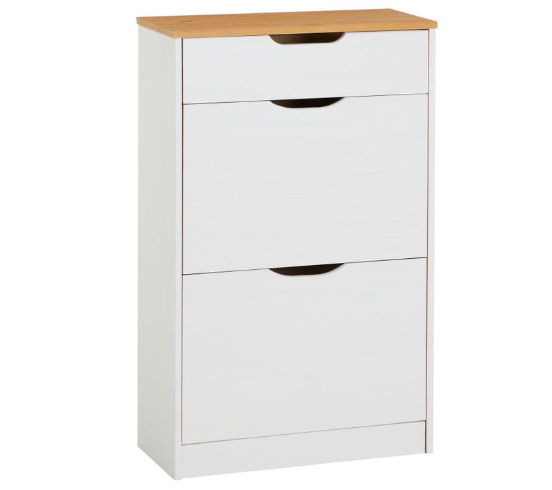 Meuble à Chaussures Basil, Avec 2 Abattants Et 1 Tiroir, En Pin Massif Lasuré Blanc Et Brun