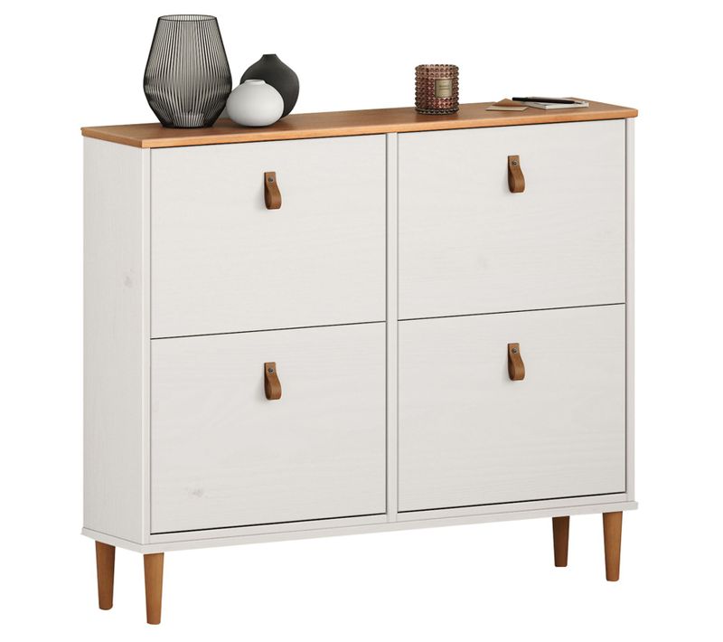 Meuble à Chaussures Mikka Avec 4 Abattants En Pin Massif Lasuré Blanc/chêne