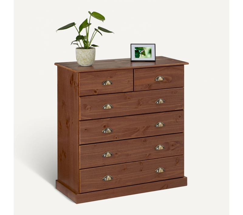 Commode Paris En Pin Massif, 6 Tiroirs, Lasuré Brun Foncé
