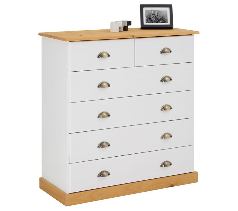 Commode Paris En Pin massif, 6 Tiroirs, Lasuré Blanc Et Brun
