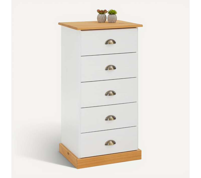 Chiffonnier Paris En Pin Massif, 5 Tiroirs, Lasuré Blanc Et Brun