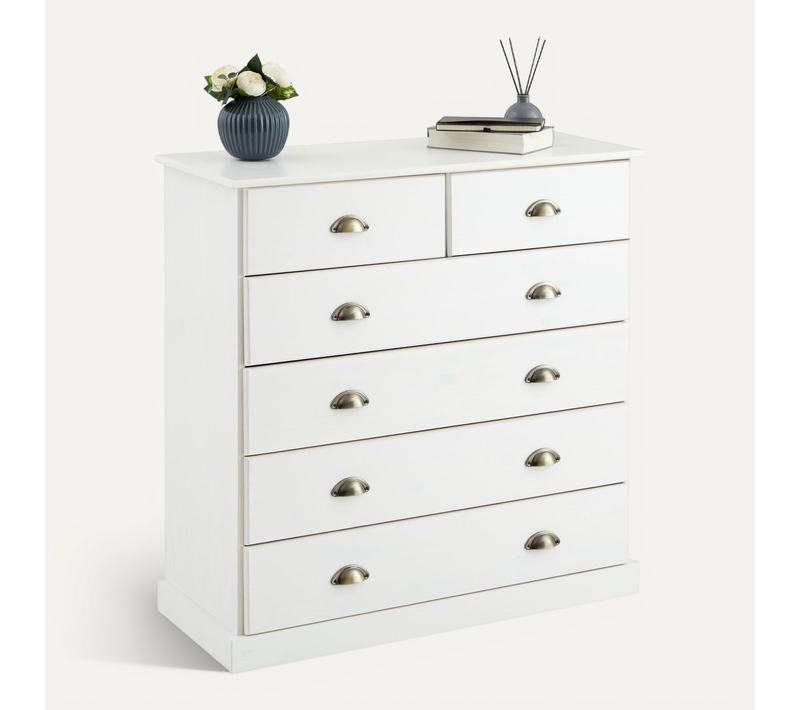 Commode Paris En Pin Massif, 6 Tiroirs, Lasuré Blanc