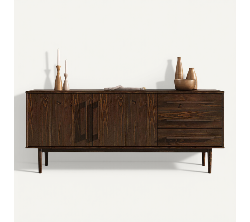 Buffet Tecca L 170 Cm 2 Portes 3 Tiroirs En Bois Massif - Coloris Noyer