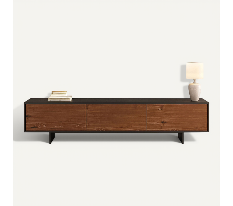 Meuble TV Arto L 184 Cm 3 Portes En Bois - Noir Et Châtaignier