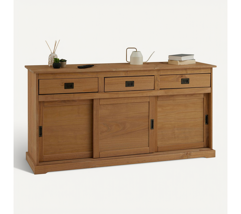 Buffet Savona En Pin Massif, 3 Tiroirs Et 3 Portes, Lasuré Brun