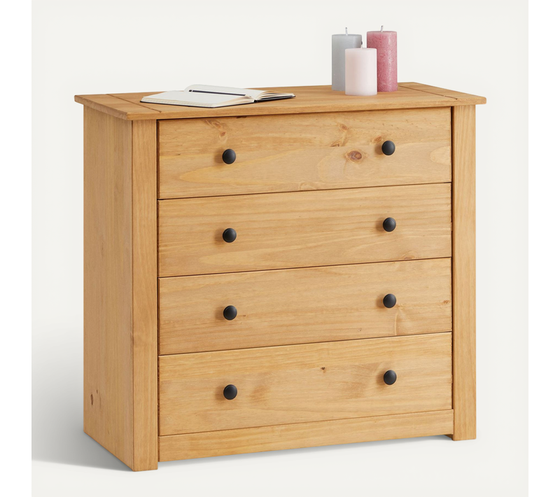 Commode Cancun Avec 4 Tiroirs, En Pin Massif Finition Teintée/cirée
