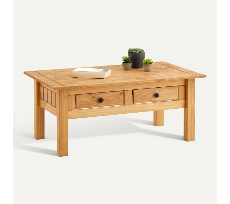 Table Basse Cancun Avec 2 Tiroirs, En Pin Massif Finition Teintée/cirée