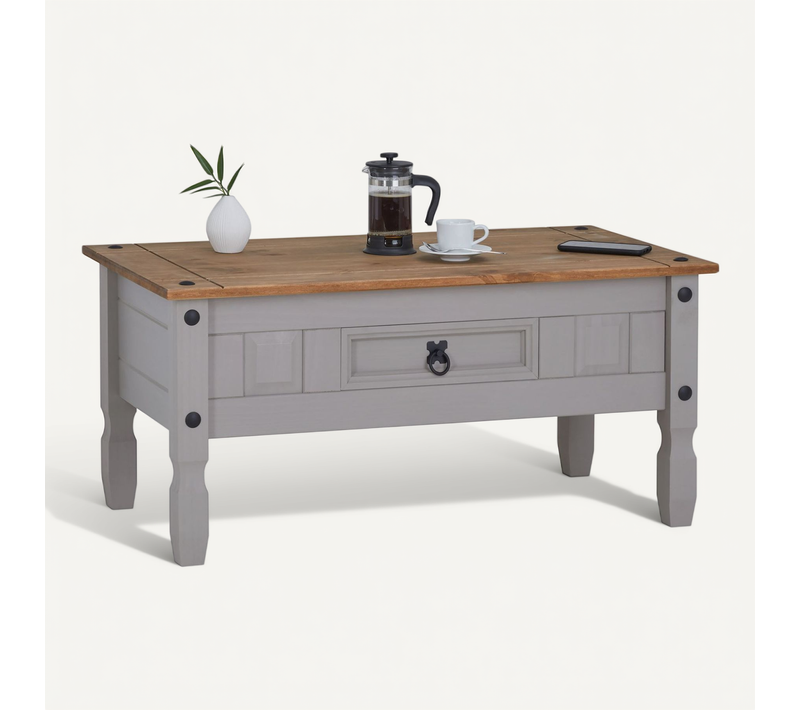 Table Basse Ramon Avec 1 Tiroir, Style Mexicain En Pin Massif Gris Et Brun