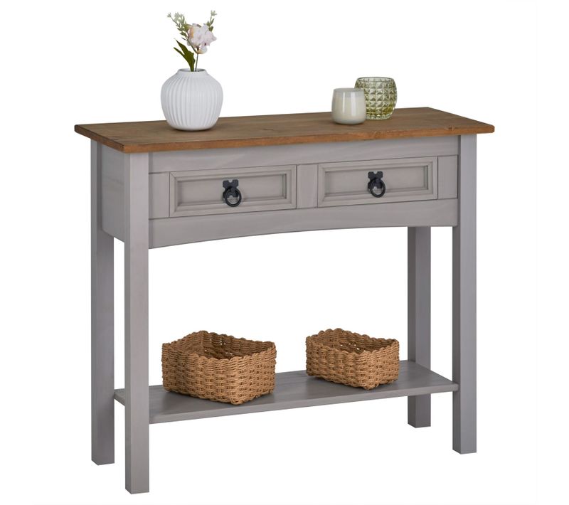 Table Console Ramon Avec 2 Tiroirs, Style Mexicain En Pin Massif Gris Et Brun