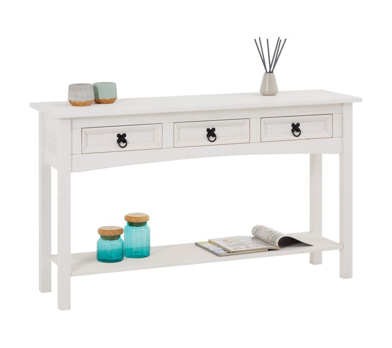 Table Console Rural Avec 3 Tiroirs, Style Mexicain En Pin Massif Blanc