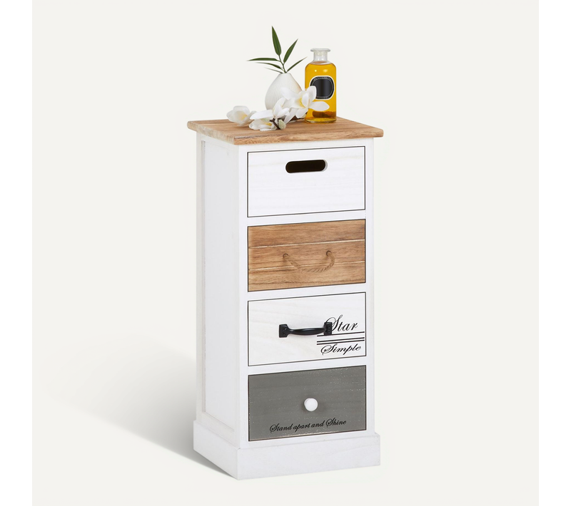 Chiffonnier Salva Avec 4 Tiroirs, En Bois Blanc Brun Et Gris