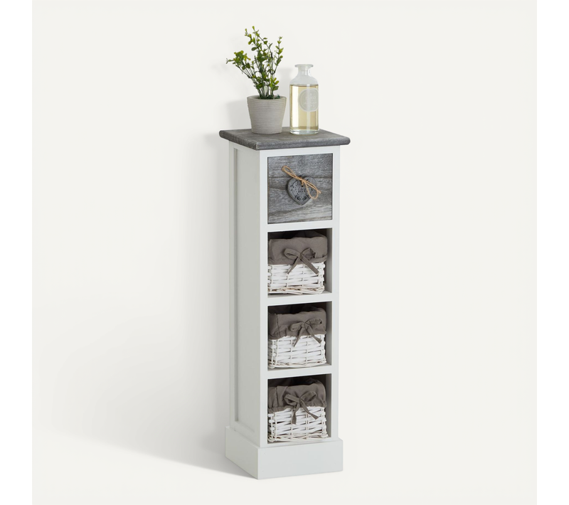 Chiffonnier Flower Avec 1 Tiroir Et 3 Paniers, En Bois De Paulownia Blanc Et Gris