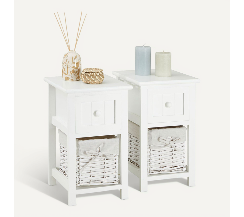 Lot De 2 Tables De Chevet Messina 1 Tiroir Et 1 Panier, En Bois Blanc