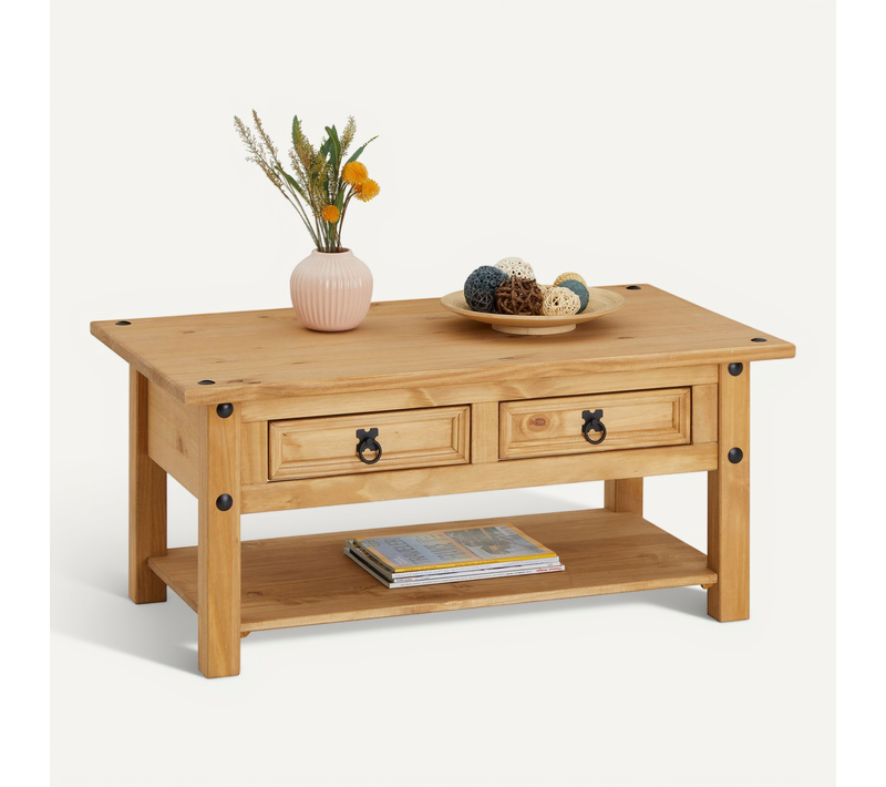 Table Basse En Pin Salsa Style Mexicain, Avec 2 Tiroirs