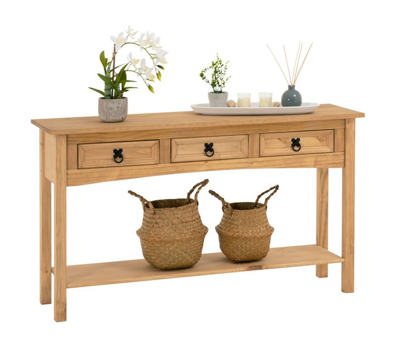Table Console En Pin Salsa Style Mexicain, Avec 3 Tiroirs