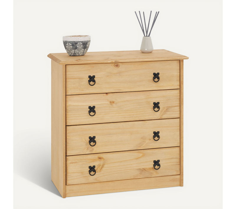 Commode En Pin Barrio, 4 Tiroirs En Pin Massif Finition Teintée/cirée