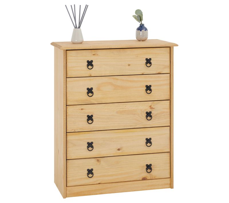 Commode En Pin Barrio, 5 Tiroirs En Pin Massif Finition Teintée/cirée