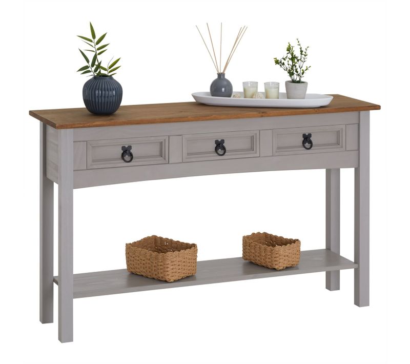 Table Console Ramon Avec 3 Tiroirs, Style Mexicain En Pin Massif Gris Et Brun