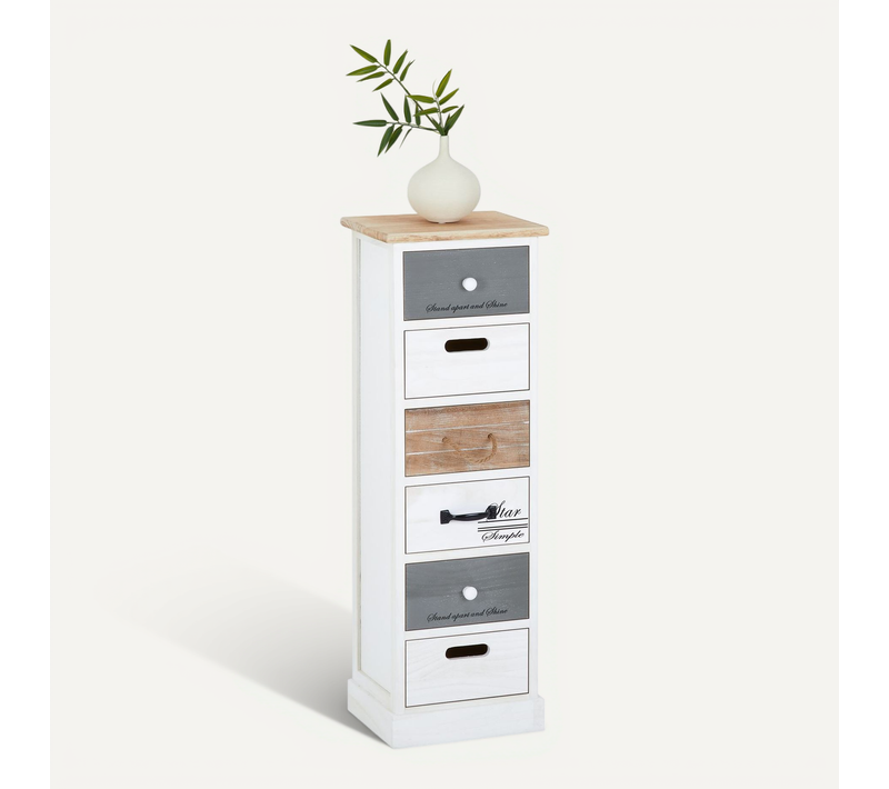 Chiffonnier Salva Avec 6 Tiroirs, En Bois Blanc Brun Et Gris