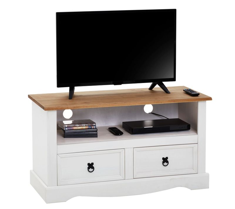 Meuble TV Campo Avec 2 Tiroirs, Style Mexicain En Pin Massif Blanc Et Brun
