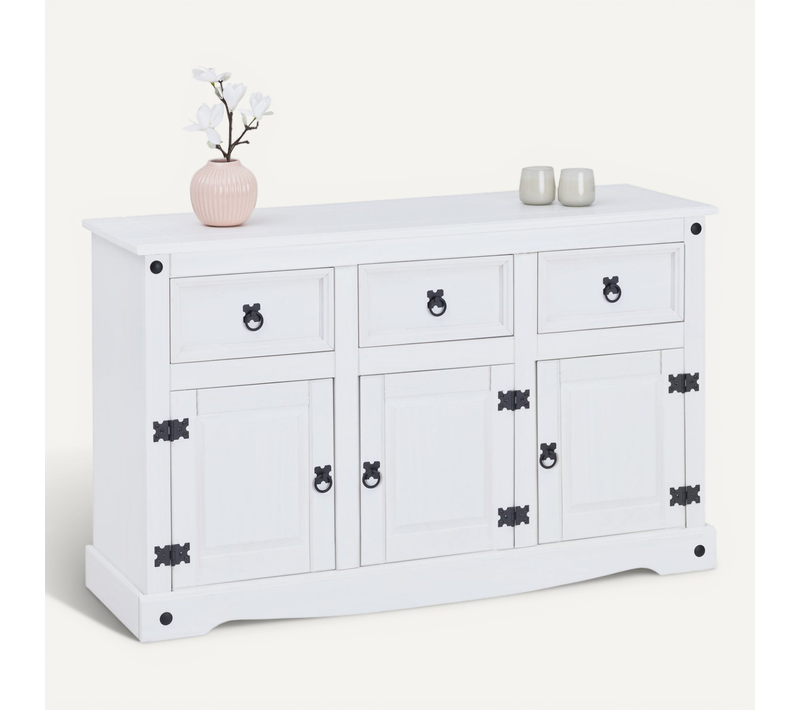 Buffet Rural Avec 3 Tiroirs Et 3 Portes, Style Mexicain En Pin Massif Blanc