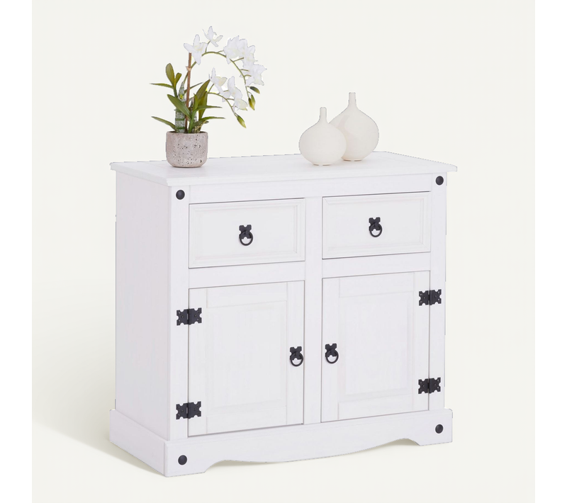 Buffet Rural Avec 2 Tiroirs Et 2 Portes, Style Mexicain En Pin Massif Blanc