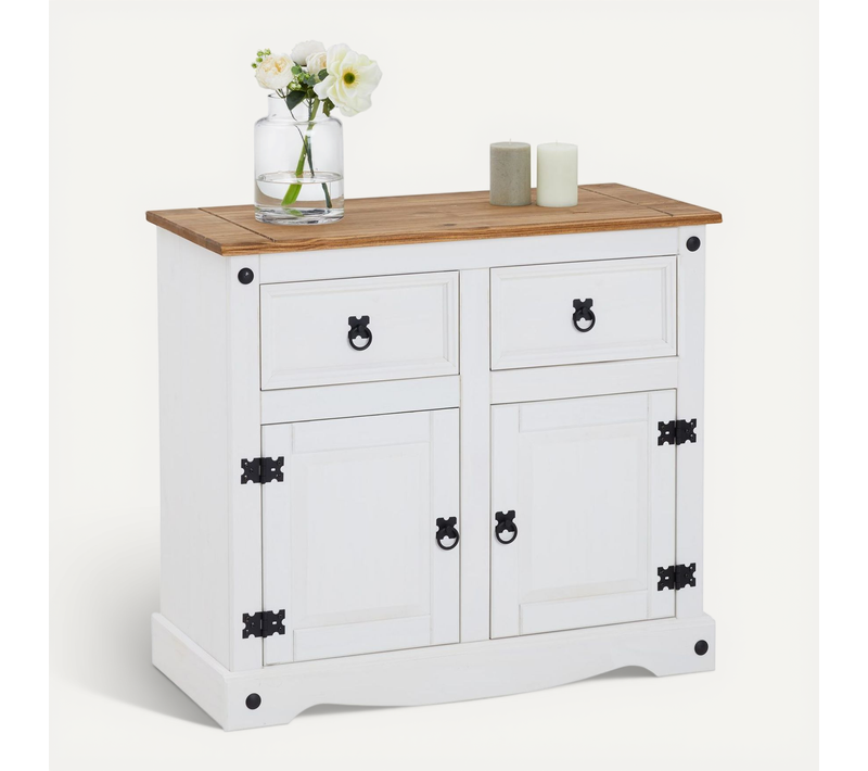 Buffet Campo Avec 2 Tiroirs Et 2 Portes, Style Mexicain En Pin Massif Blanc Et Brun