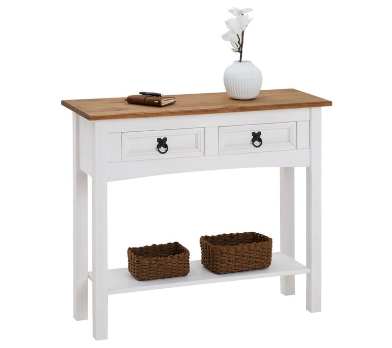 Table Console Campo Avec 2 Tiroirs, Style Mexicain En Pin Massif Blanc Et Brun