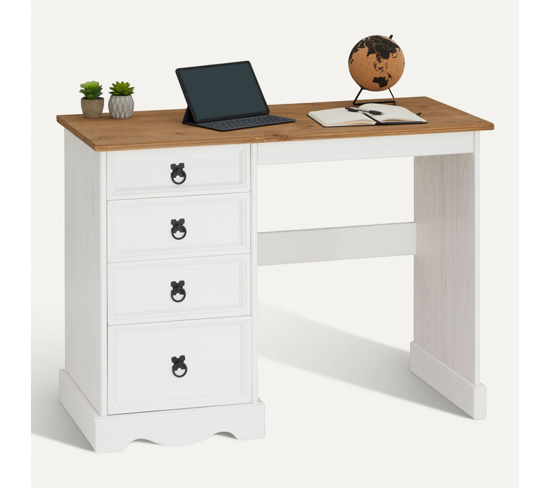 Bureau Campo En Bois Massif L 105 Cm Avec 4 Tiroirs - Blanc