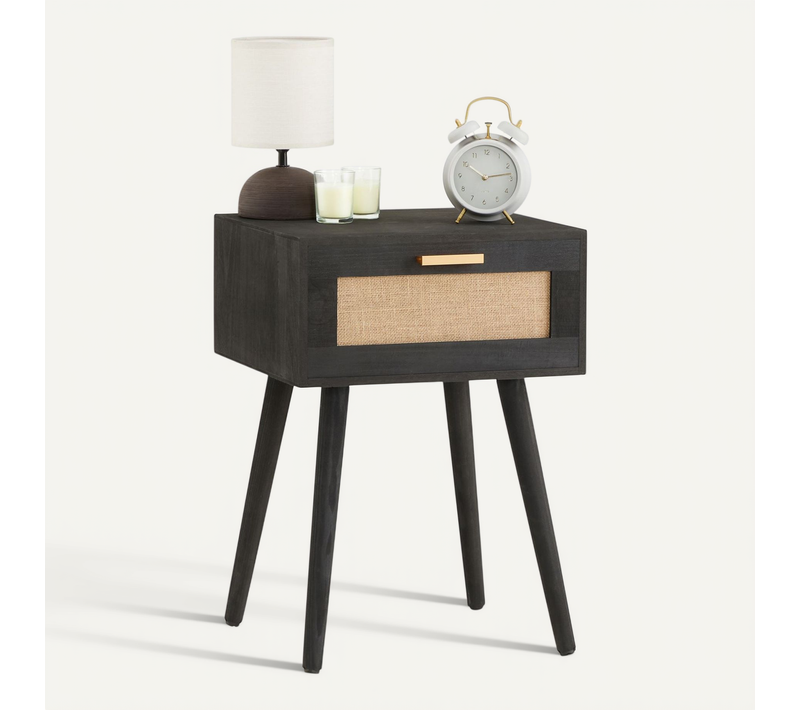 Table De Chevet Kiran 1 Tiroir, En Bois Noir Et Lin