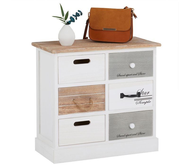 Chiffonnier Salva Avec 3x3 Tiroirs, En Bois Blanc Et Brun