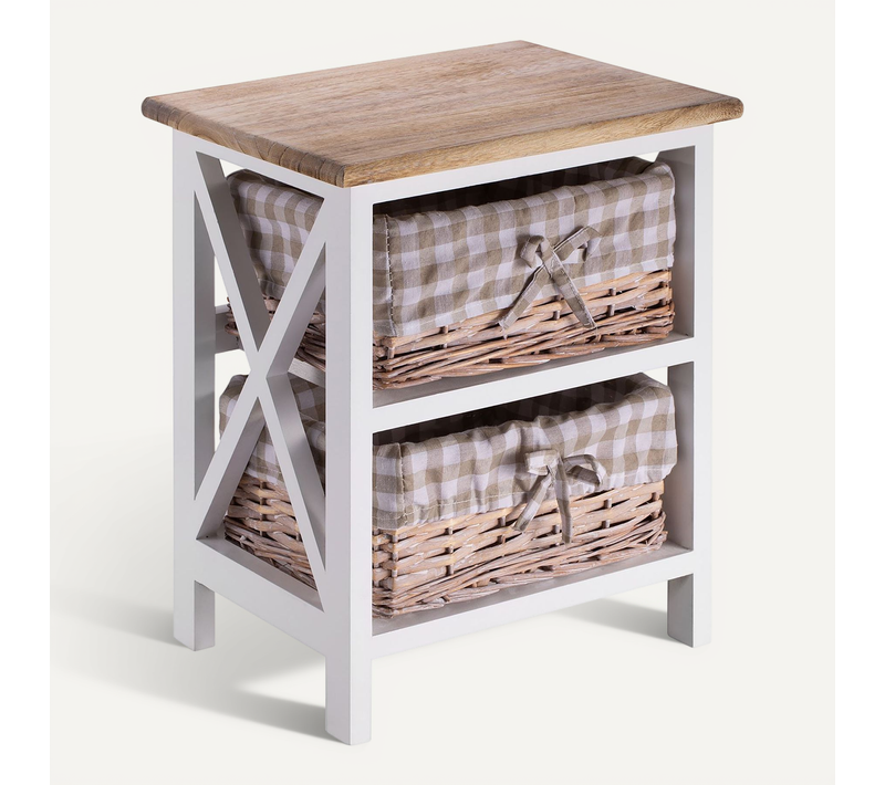 Table De Chevet Perugia Avec 2 Paniers, En Bois Blanc Et Brun