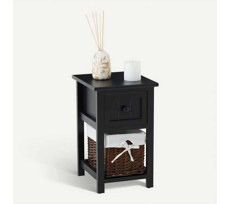 Table De Chevet Messina Avec 1 Tiroir Et 1 Panier En Bois Noir