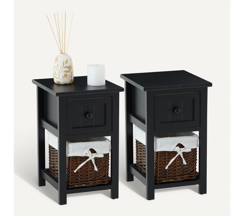 Lot De 2 Tables De Chevet Messina 1 Tiroir Et 1 Panier, En Bois Noir