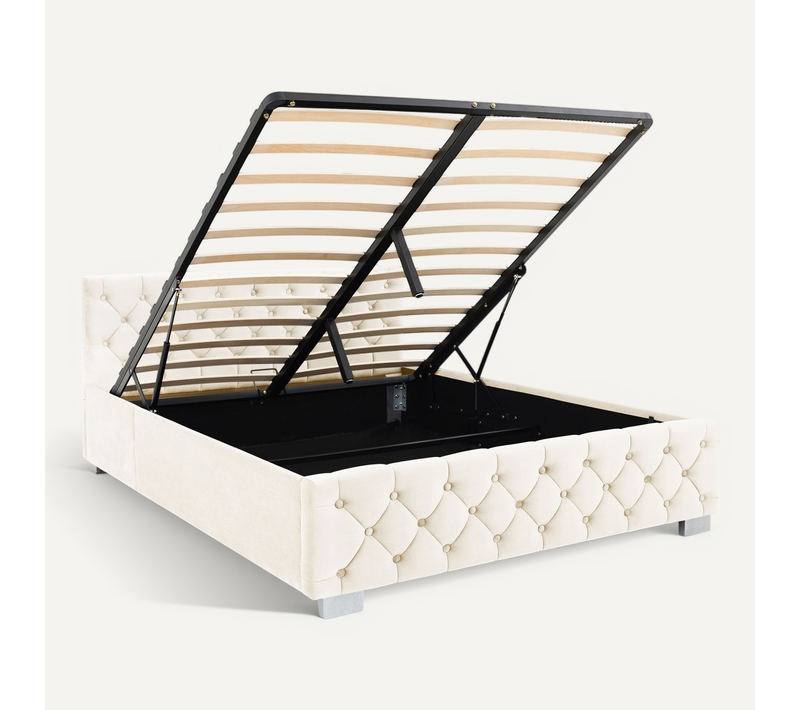 Lit Coffre Nuri Double 160 X 200 Cm Rembourré En Velours - Blanc Crème