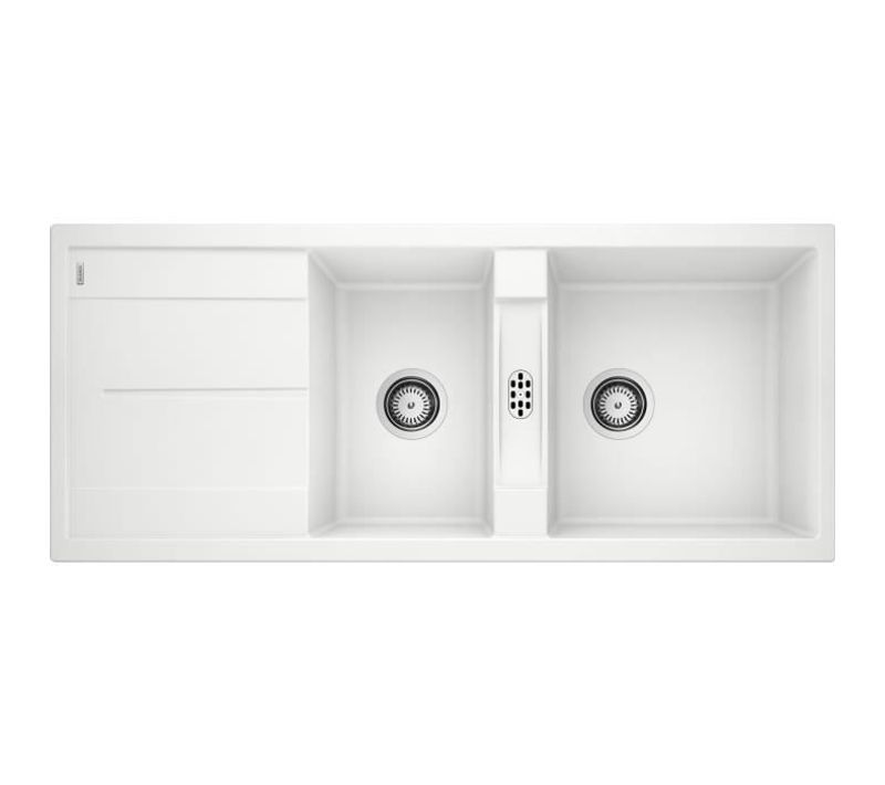 Evier De Cuisine Metra 2 Cuves + 1 Égouttoir + Siphon Blanc