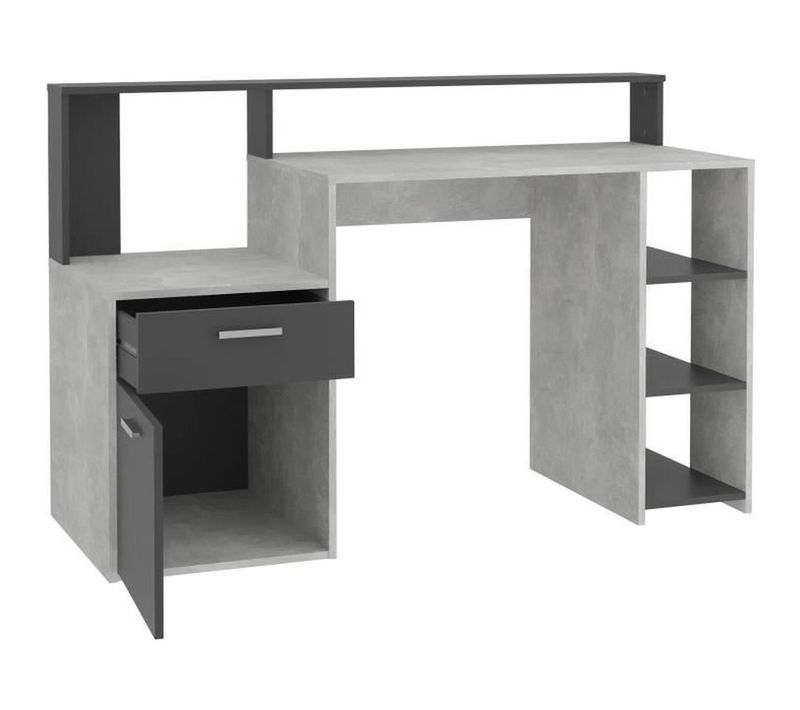 Bureau Avec Réhausse Et Rangements Bolton - Mélamine Gris Béton/antracite - L138,5 X H91,6 X P53,5