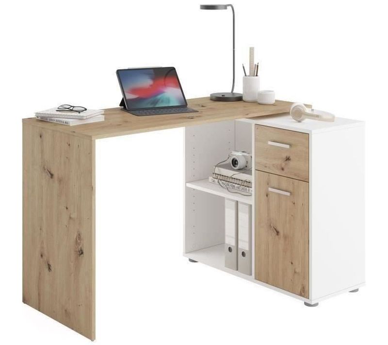 Bureau D'angle Avec Rangements  - Mélaminé Chene Et Blanc - L83 X H74 X P117 Cm