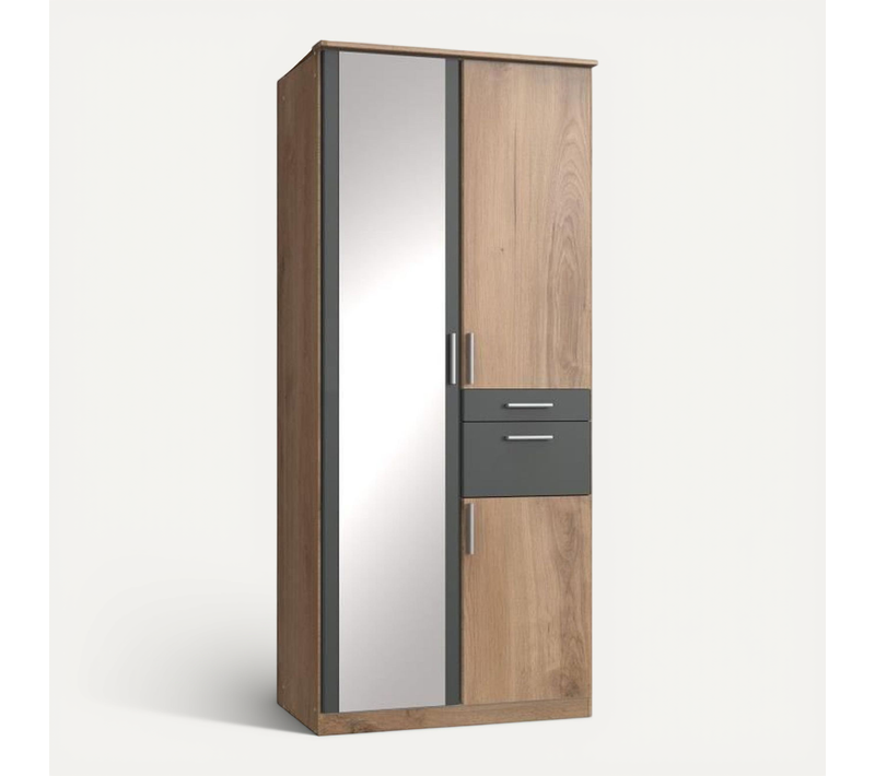 Armoire Décor Chene Et Graphite - 3 Portes Battantes - Miroir - 2 Tiroirs - L90 X P58 X H199 Cm - Vo