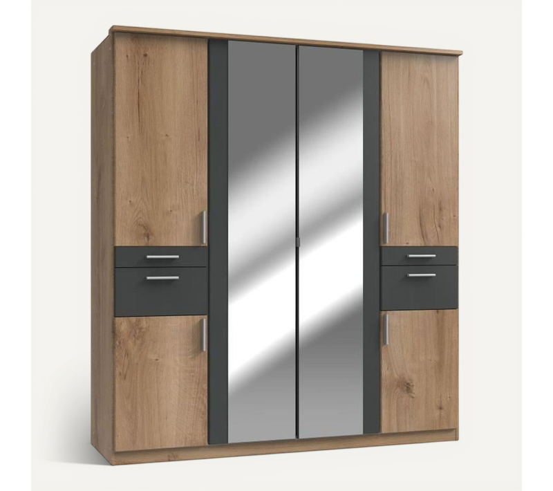 Armoire Décor Chene Et Graphite - 6 Portes Battantes - Miroirs - 4 Tiroirs - L180 X P58 X H199 Cm -