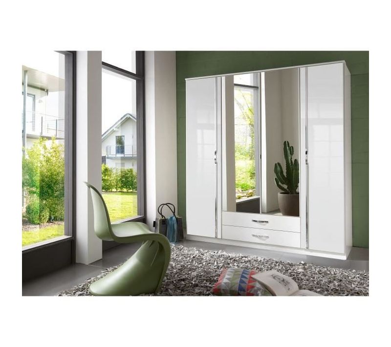 Armoire 4 Portes Battantes + Miroirs - Blanc Brillant - L180 X P56 X H199 Cm - Trio