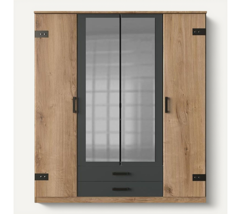Armoire Corfou - Décor Chene Et Gris Anthracite + Miroirs - 4 Portes Battantes - 2 Tiroirs - L180 X