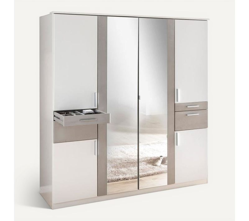 Armoire Décor Blanc Et Gris Béton - 6 Portes Battantes - Miroirs - 4 Tiroirs - L180 X P58 X H199 Cm