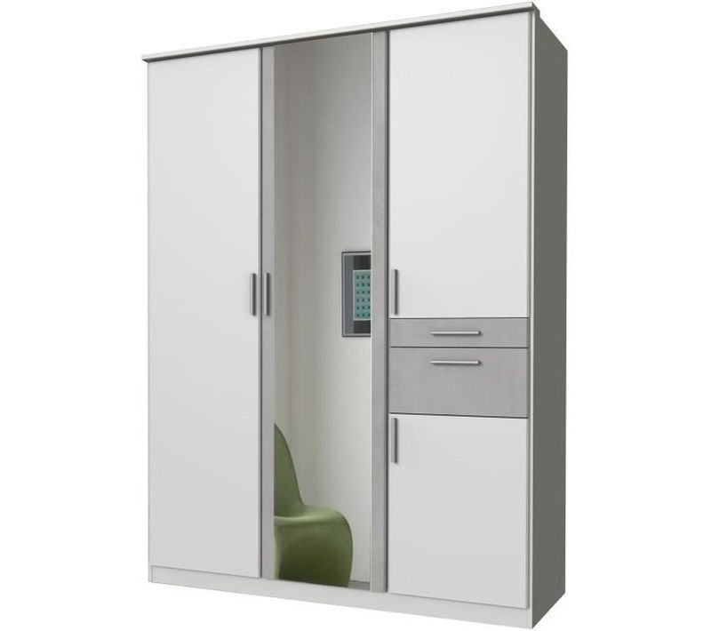 Armoire Décor Blanc Et Gris Béton - 4 Portes Battantes - Miroir - 2 Tiroirs - L135 X P58 X H199 Cm -
