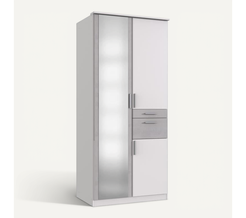 Armoire De Chambre - Volos - Blanc / Béton Gris Clair - 3 Portes - 2 Tiroirs - 90 X 58 X 199 Cm