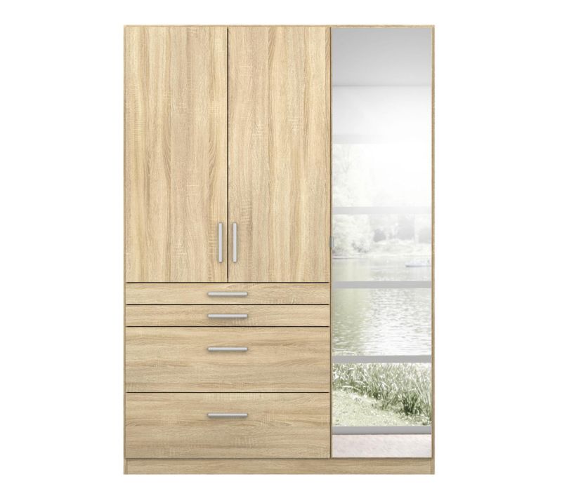 Armoire 3 portes 4 tiroirs L.136 cm PERLA imitation chêne