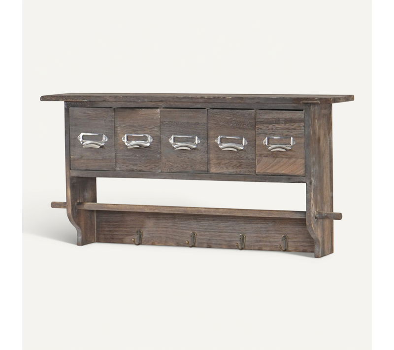 Portemanteau Mural, étagère 5 Tiroirs, 65x13x32cm, Shabby Chic, Vintage - Marron
